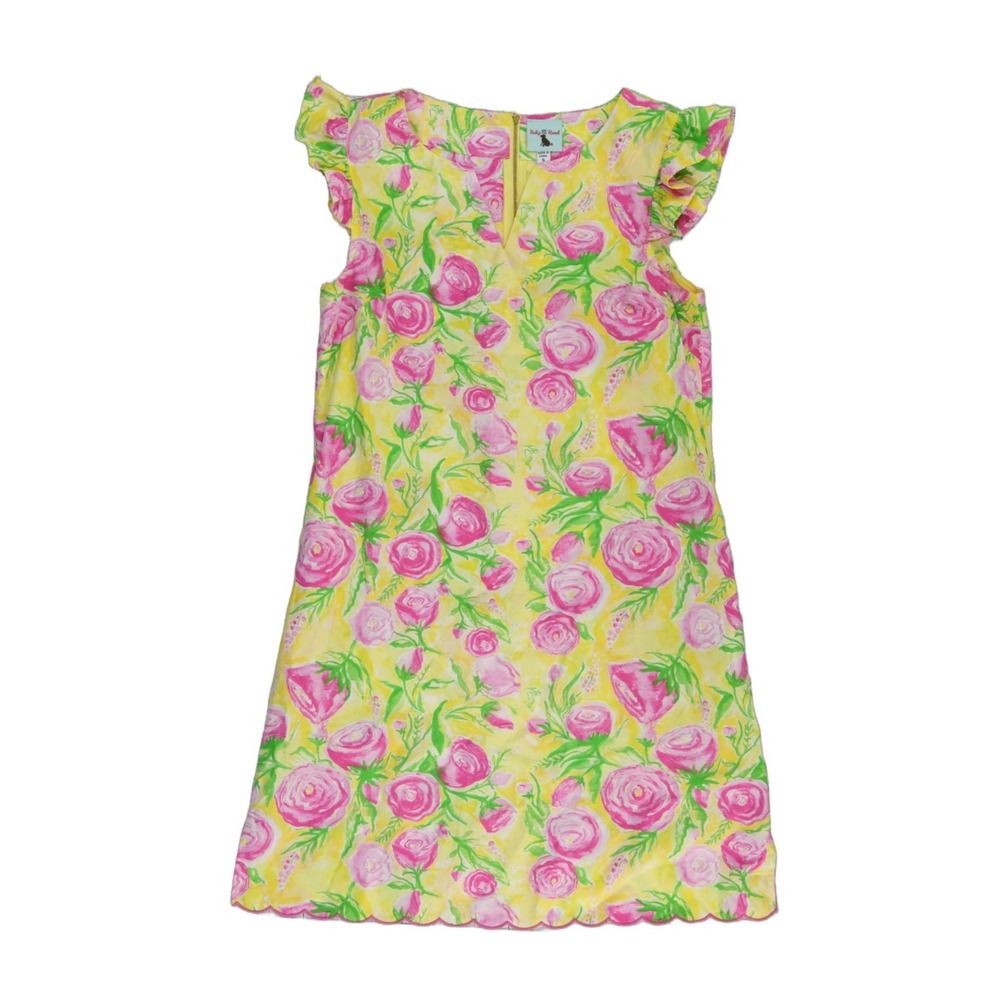 Haley and the Hound Floral Dress Girls Size Small Yellow Pink Ruffle Scallop Hem